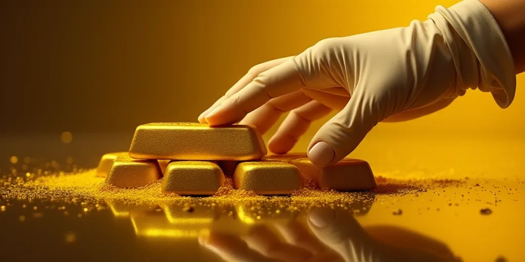 a hand is touching a gold bar with a glove on it's head and a pile of gold bars in the background, A