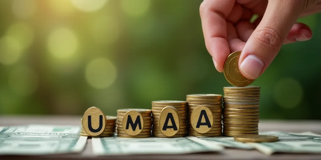 a hand putting a coin into a stack of coins with stacks of money in the background and the word uma