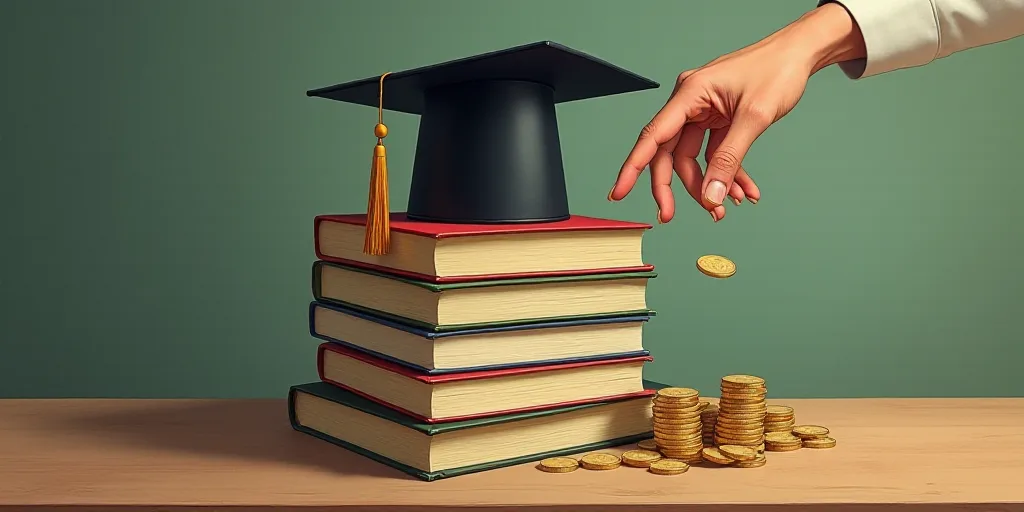 a hand reaching for a coin on top of a stack of books with a graduation cap on top of it, Diego Gisb