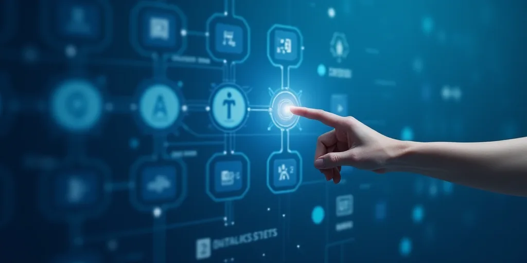 a hand touching a button on a blue background with icons and symbols around it and a hand pointing a