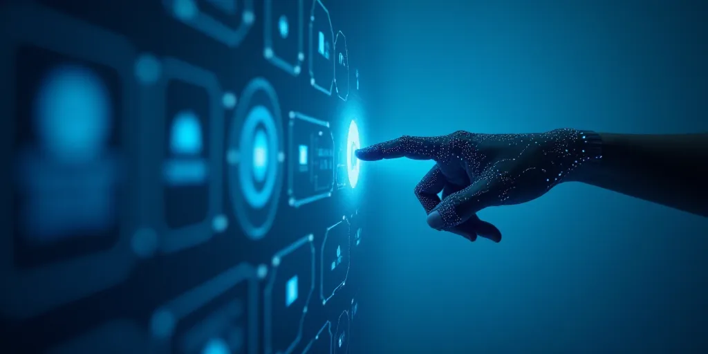 a hand touching a button on a blue background with icons and symbols around it and a hand pointing a