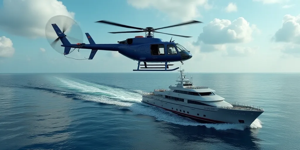 a helicopter flying over a boat in the ocean next to a helicopter flying over a ship in the ocean, D