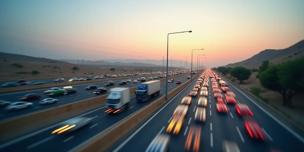 a highway filled with lots of traffic next to a highway bridge with traffic on it and a few trucks o