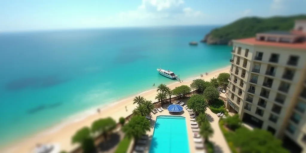 a hotel with a pool and a beach in the background with a boat in the water and people on the beach,