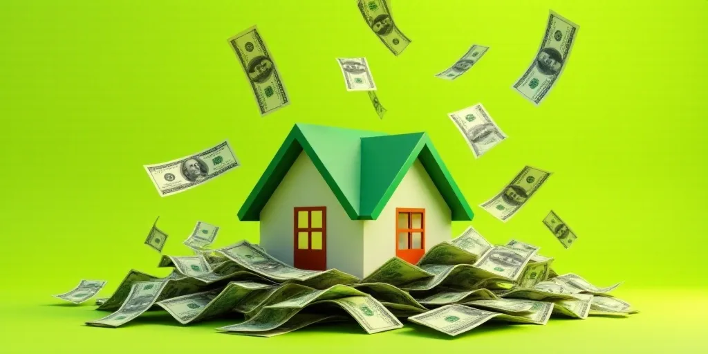 a house surrounded by money and a lot of money flying around it with a green background and a yellow