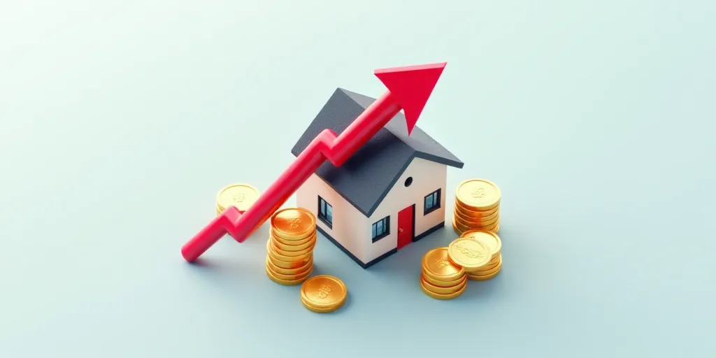 a house with a red arrow on top of it and stacks of coins below it with a red arrow pointing up, And