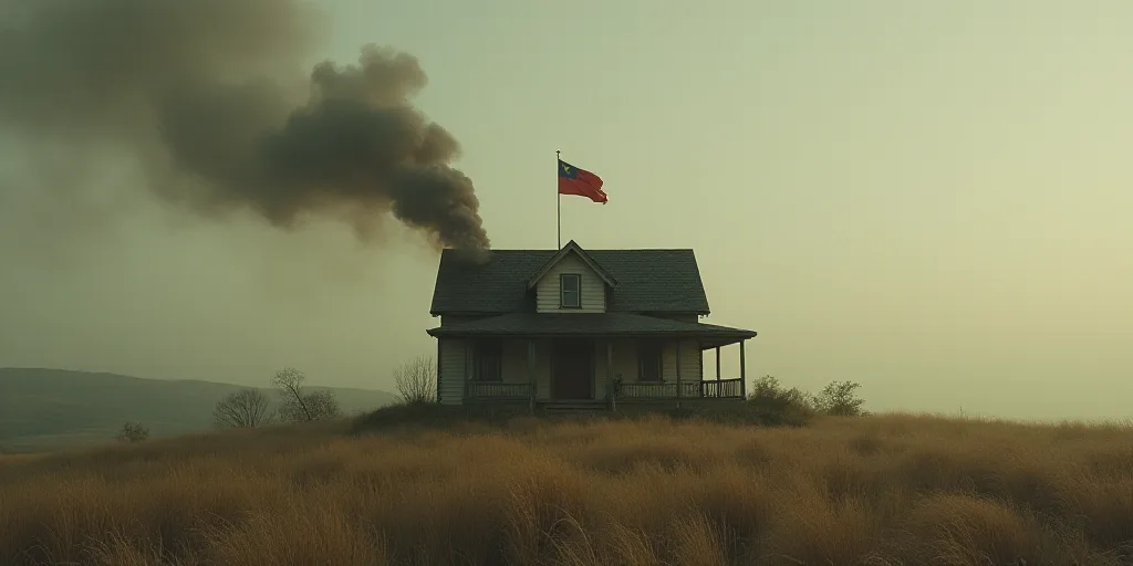 a house with smoke coming out of it and a flag on top of it and a flag on the roof, Anson Maddocks,