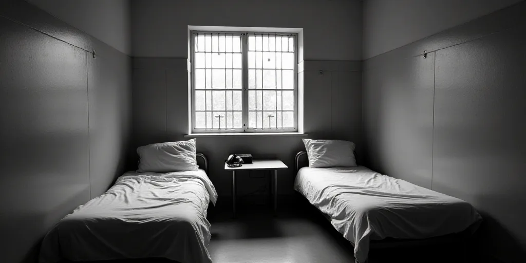 a jail cell with two beds and a table with a phone on it and a window behind them that has bars, Arl