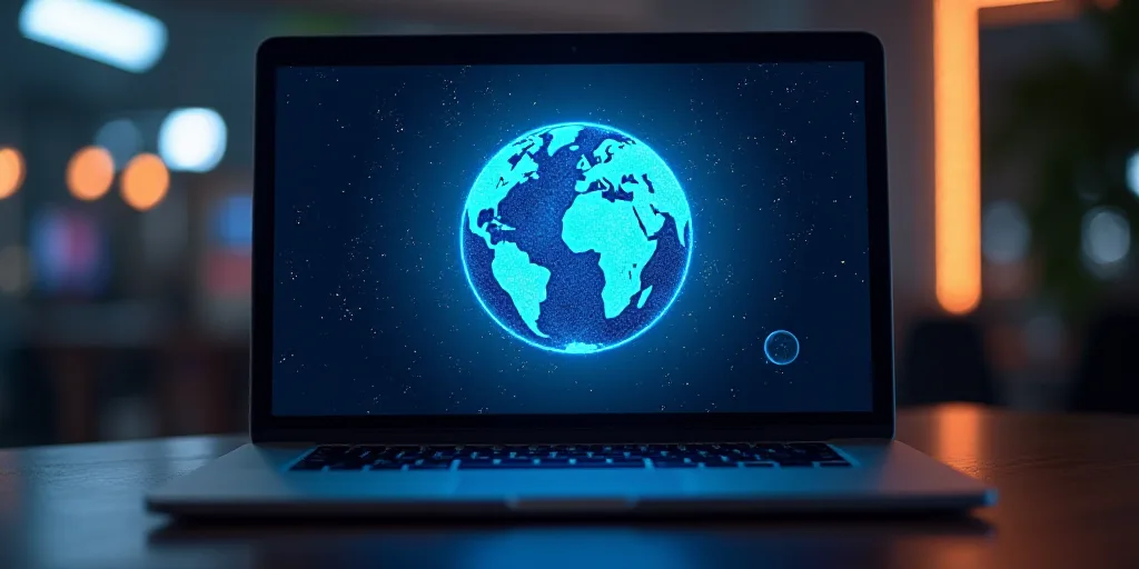 a laptop computer with the logo of the internet on it's screen and a keyboard in the background, Ei-