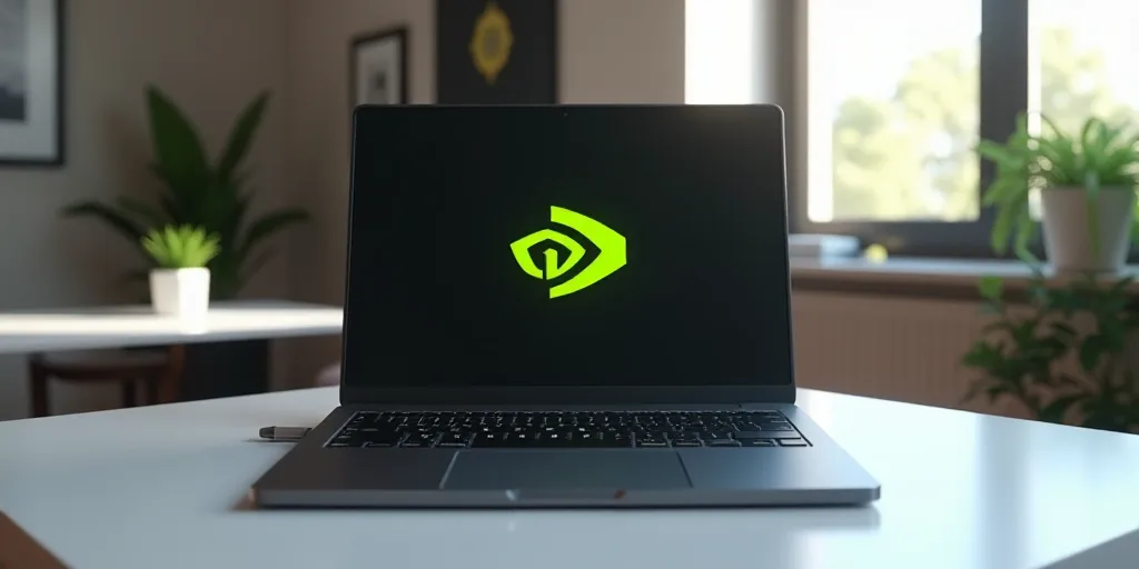 a laptop with a logo on it sitting on a table in a room with other items on it and a white table, An