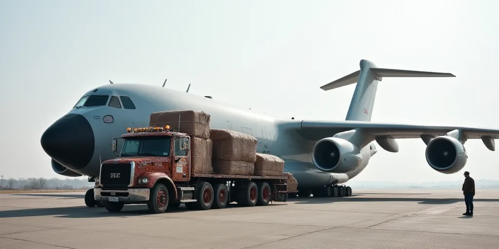 a large airplane with a truck loaded with cargo on the tarmac with a man standing next to it, Ai Wei