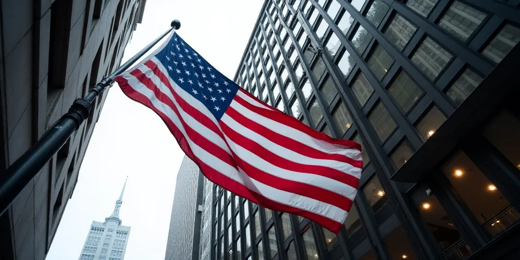 a large american flag is hanging from a building in new york city, usa, on a flagpole, Andries Stock