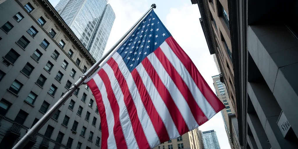 a large american flag is hanging from a building in new york city, usa, on a flagpole, Andries Stock