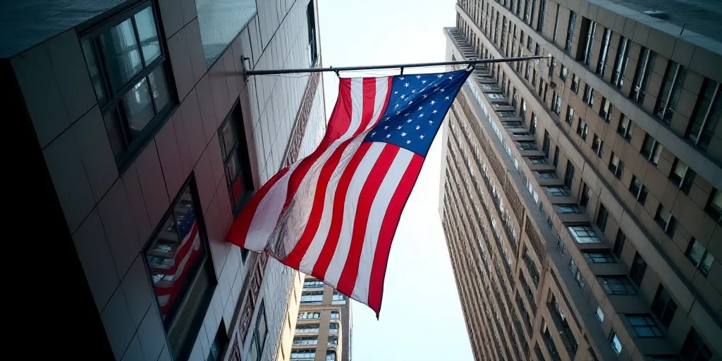 a large american flag is hanging from a building in new york city, usa, on a flagpole, Andries Stock