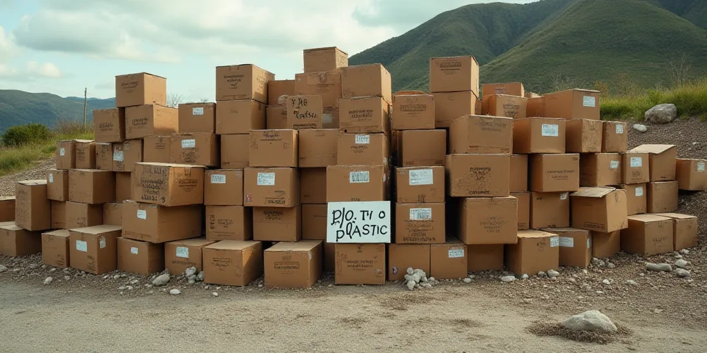 a large amount of boxes are stacked on the ground with a sign on them that says no to plastic, Aquir