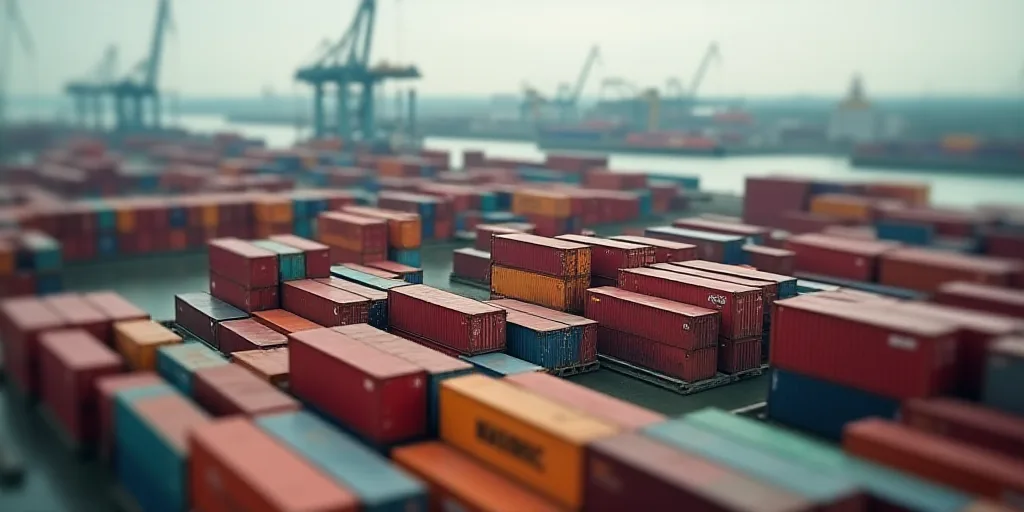 a large amount of colorful containers are stacked together in a large container yard with a body of