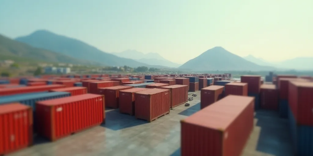a large amount of containers are stacked up in a large container yard with a mountain in the backgro