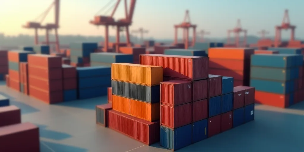 a large amount of containers are stacked up together in a large container yard with a crane in the b