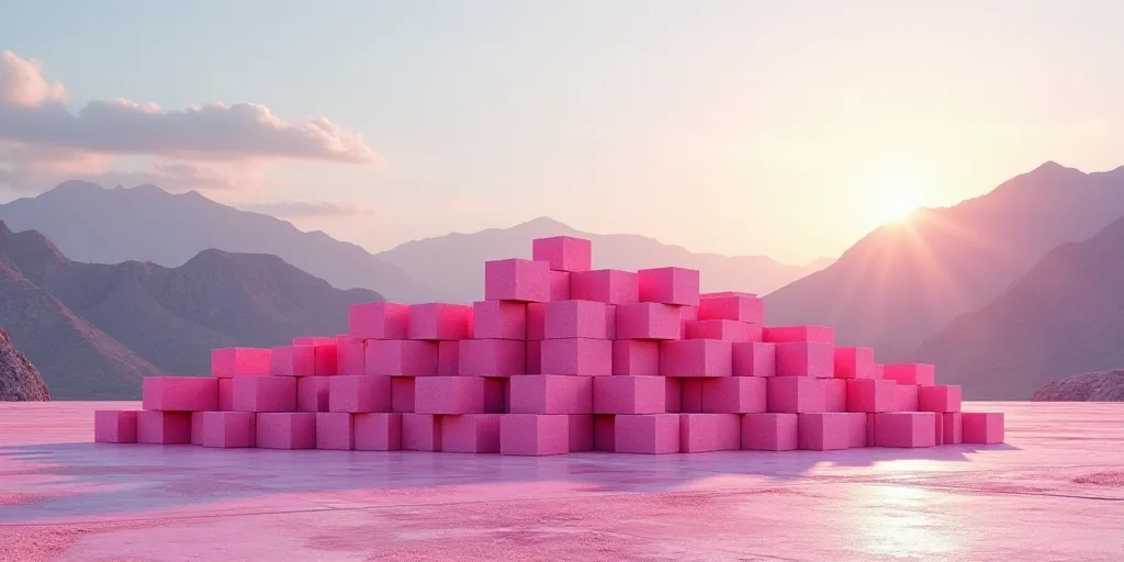 a large amount of pink bricks are stacked on a large flat surface in a warehouse yard with mountains