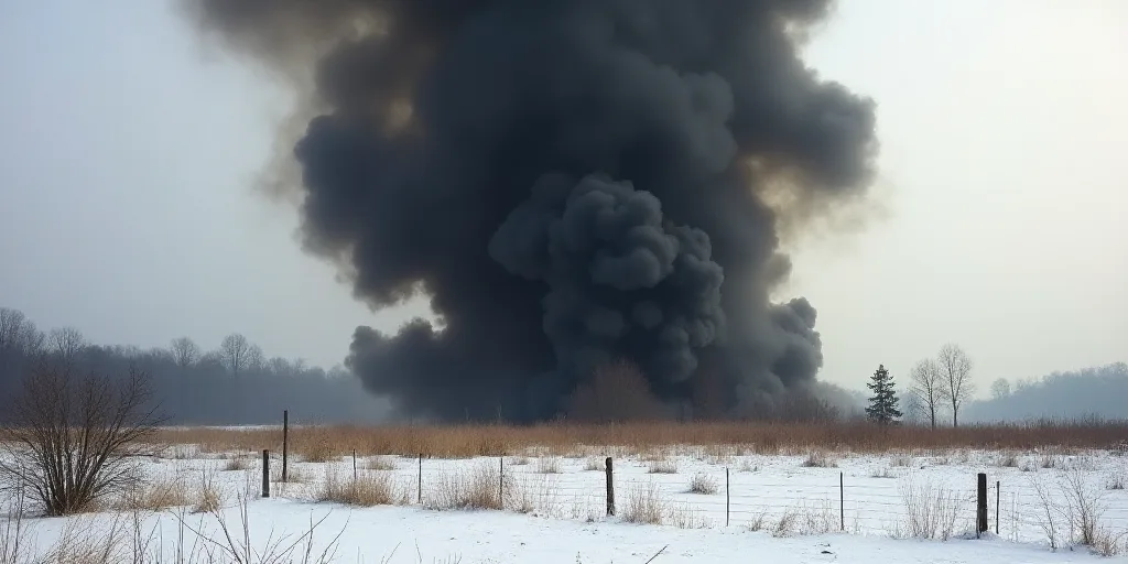 a large black cloud of smoke rising from a field of snow covered ground with trees in the background