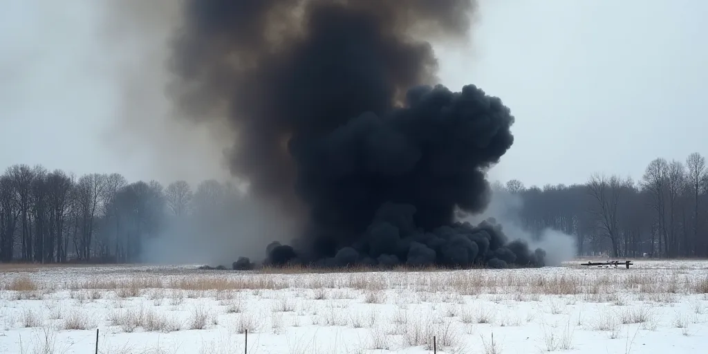 a large black cloud of smoke rising from a field of snow covered ground with trees in the background