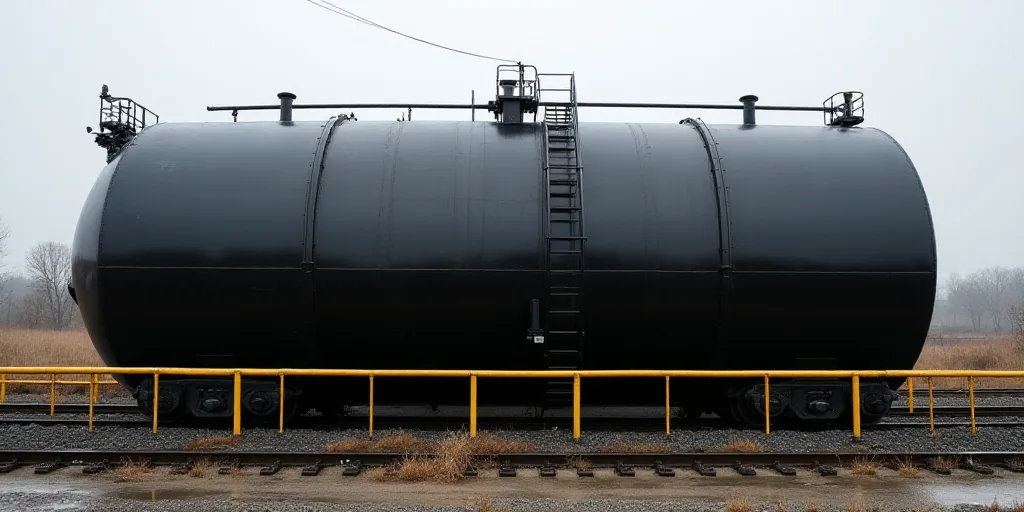 a large black tank with a yellow hand rail next to it and a yellow hand rail next to it, Dahlov Ipca