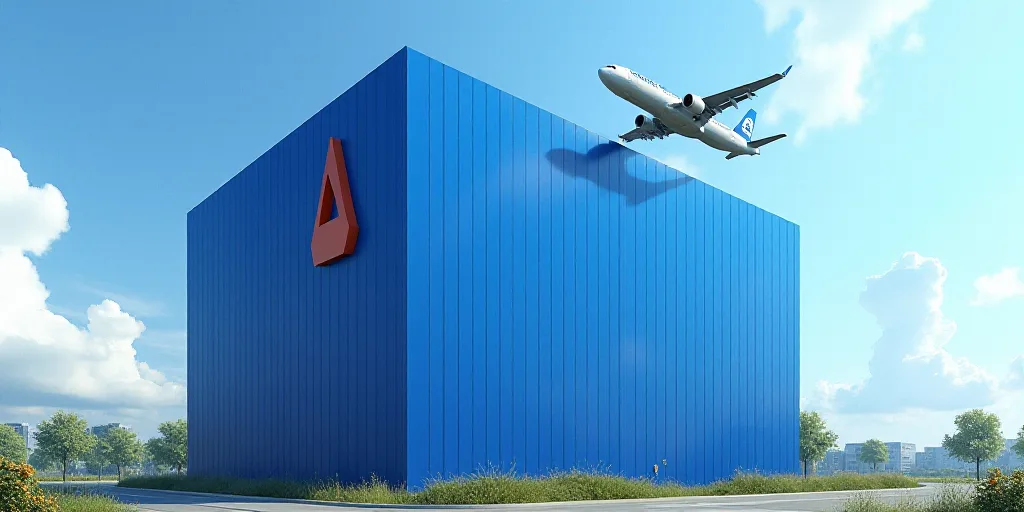 a large blue building with a logo on it's side and a plane flying by it's side, Celia Fiennes, unrea