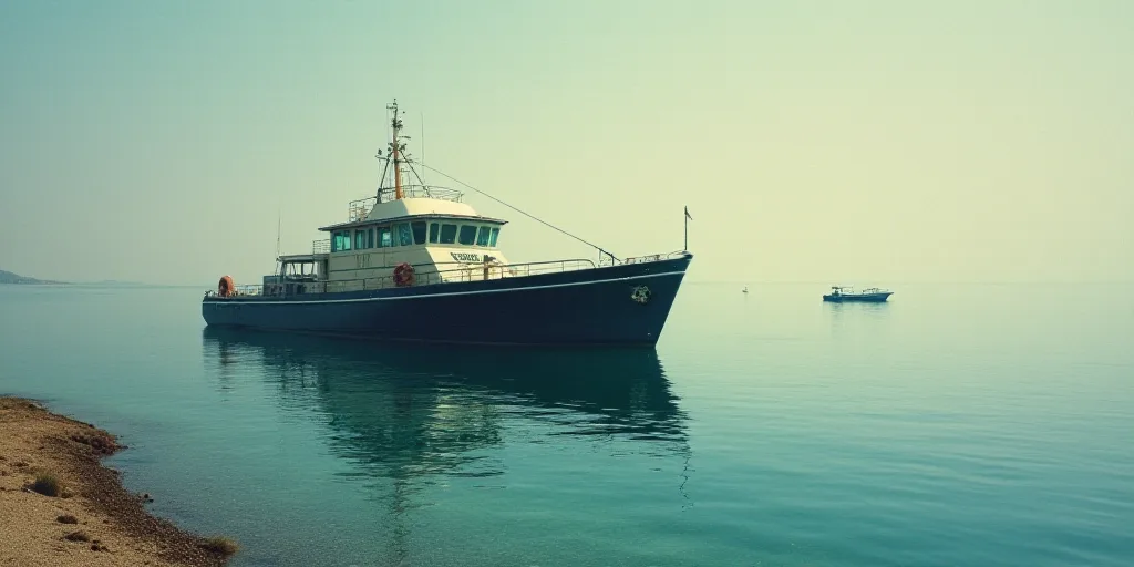 a large boat floating on top of a body of water next to a shore line with a boat in the water, Dahlo