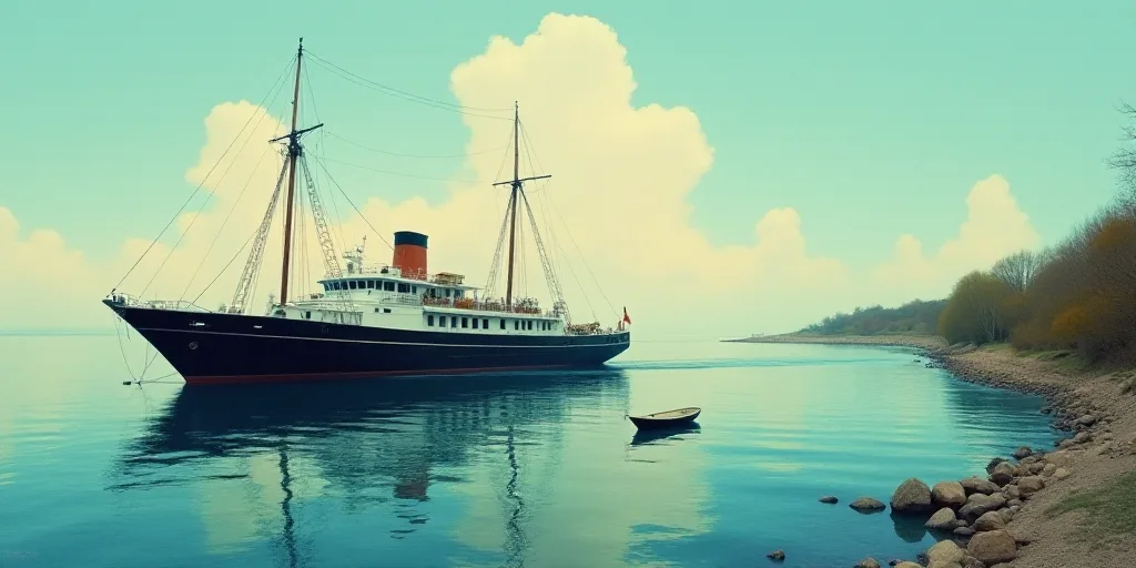a large boat floating on top of a body of water next to a shore line with a boat in the water, Dahlo