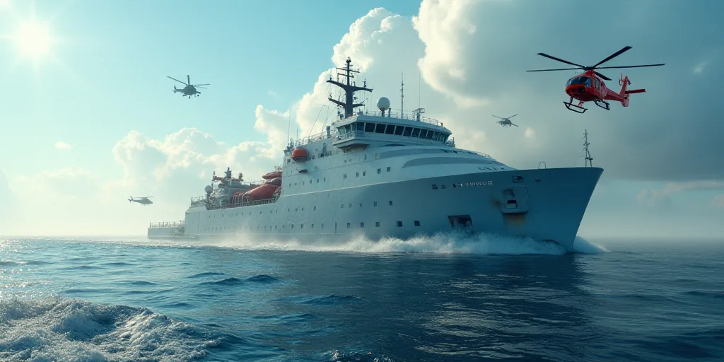 a large boat in the middle of the ocean with a helicopter flying over it and a helicopter hovering o