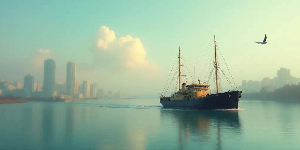 a large boat in the water near a city with a bird flying over it and a bird flying over it, Eduardo