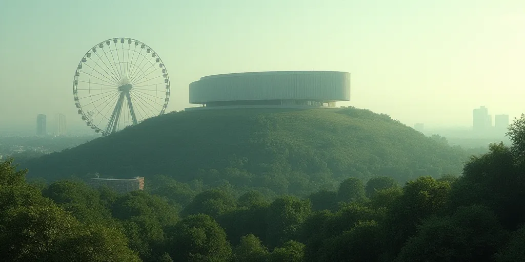 a large building on top of a hill surrounded by trees and a ferris wheel in the distance with a ferr