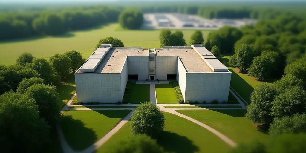 a large building surrounded by trees in a field of grass and trees in the distance is a parking lot,