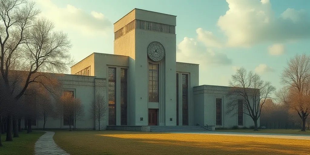 a large building with a clock on the side of it's face and trees in front of it, Afewerk Tekle, zeni