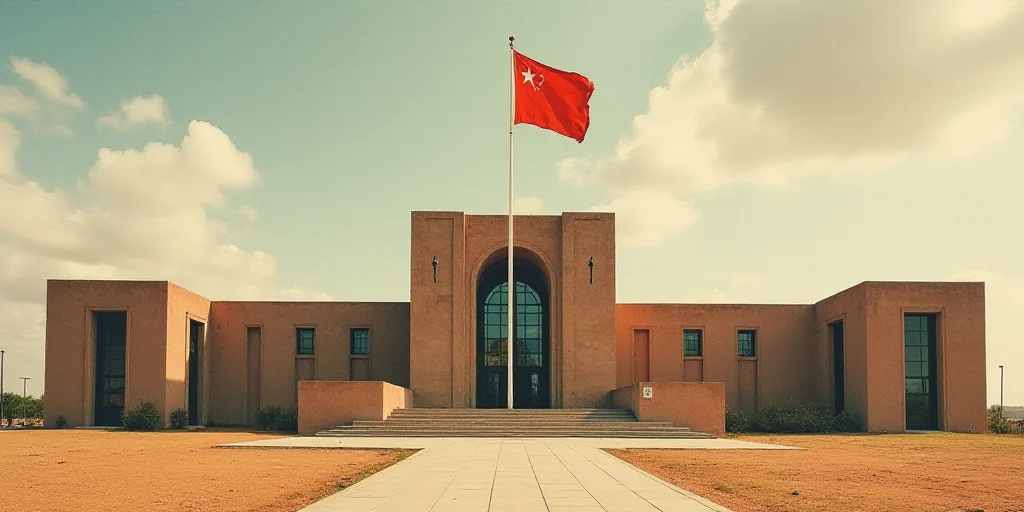 a large building with a flag flying in front of it and a flag pole in the middle of the building, Da