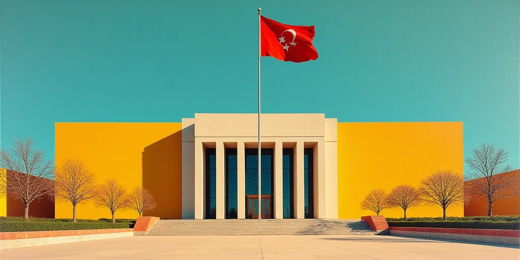 a large building with a flag flying in front of it and a flag pole in the middle of the building, Da