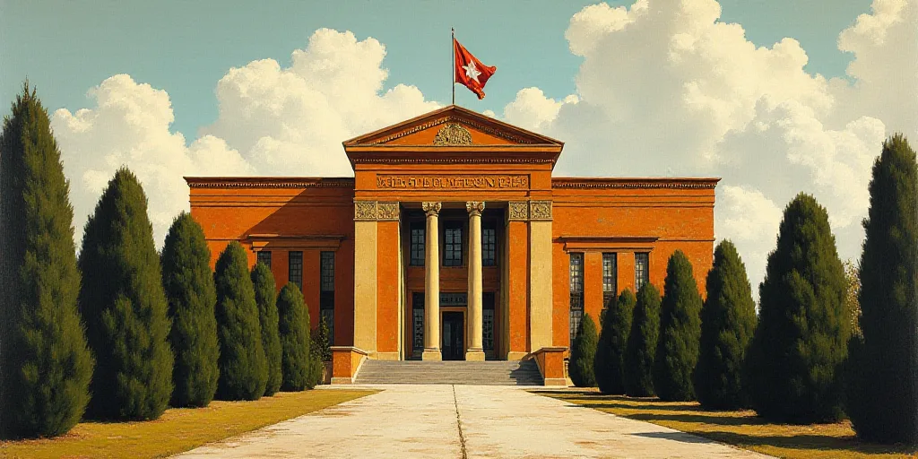 a large building with a flag on top of it's roof and trees around it's perimeter, David Alfaro Sique