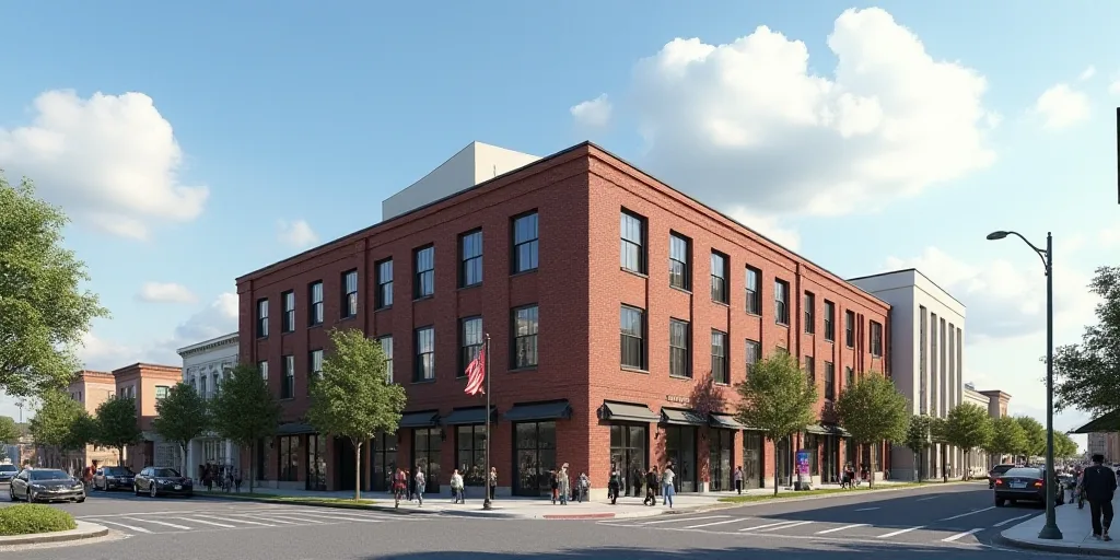 a large building with a flag on the corner of the street and people walking by it on the sidewalk, C