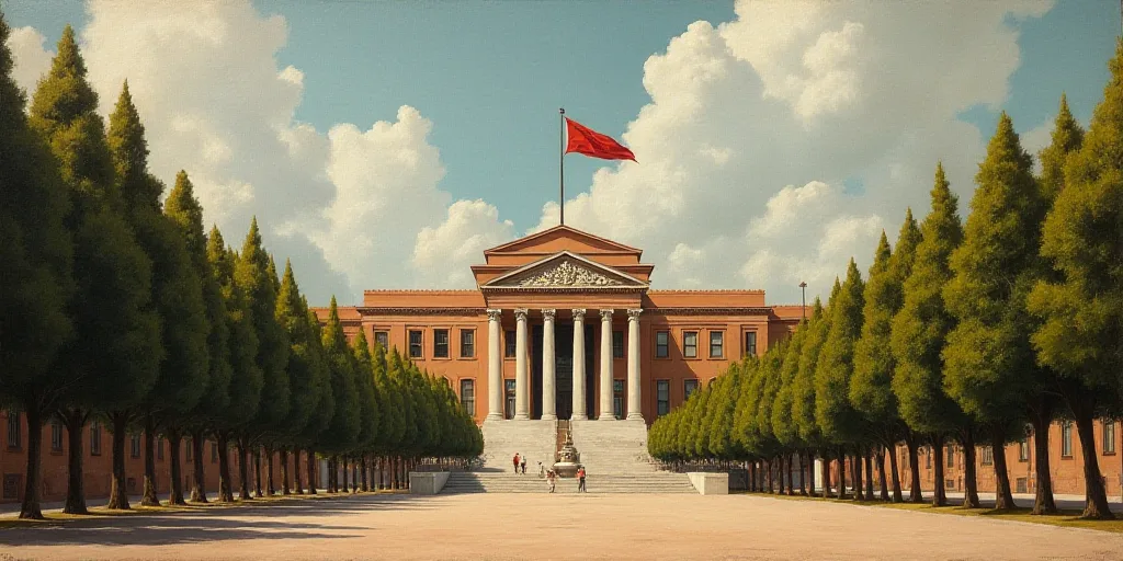 a large building with a flag on top of it's roof and trees around it's perimeter, David Alfaro Sique