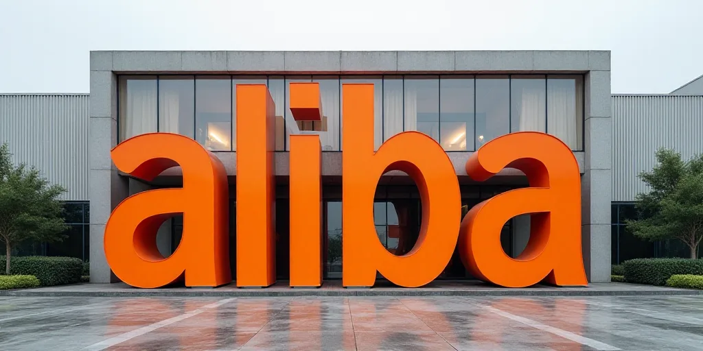 a large building with a giant orange sign in front of it that says aliba on the front of it, Cao Zhi
