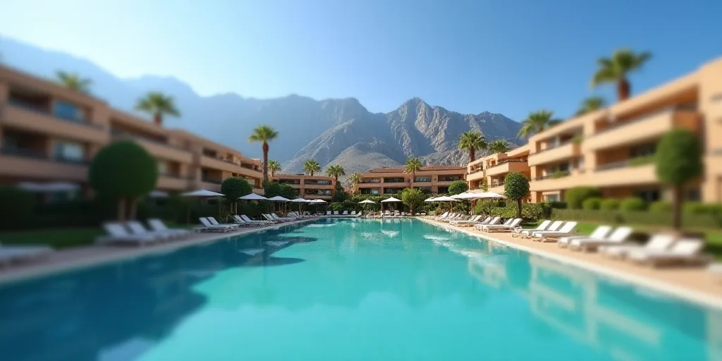a large building with a large pool in front of it and mountains in the background with a blue sky, A