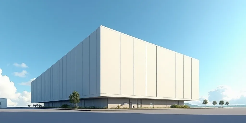 a large building with a large advertisement on the side of it's side in front of a blue sky, De Hirs