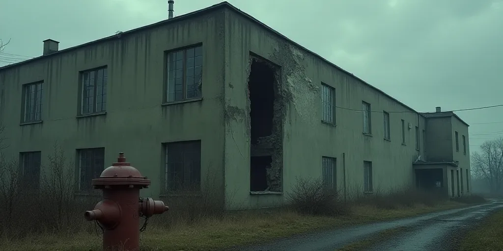 a large building with a large broken window on the side of it's side and a fire hydrant in the foreg