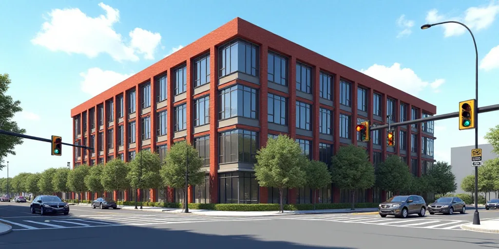 a large building with a lot of windows and a traffic light in front of it and a street sign, Everett