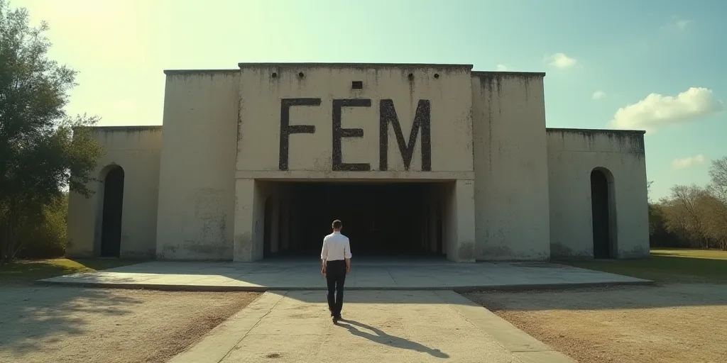 a large building with a sign on the front of it that says fem in spanish and a man standing outside,