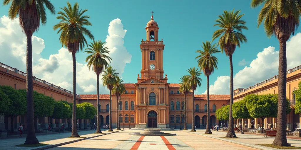 a large building with a tower and a clock on it's side in a city square with palm trees, Dali, maya,