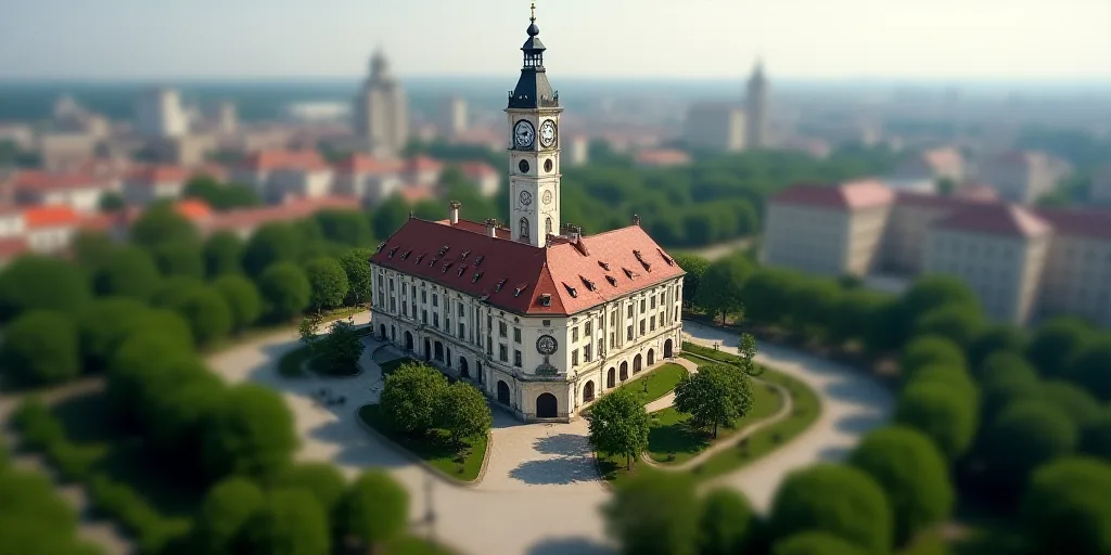 a large building with a tower and a clock on it's side in a city with lots of trees, Ceferí Olivé,