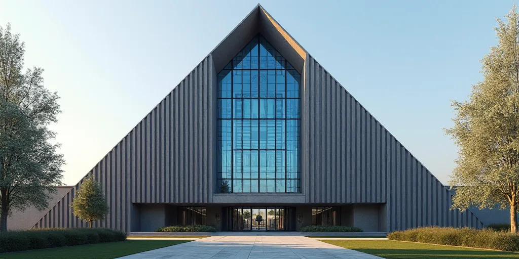 a large building with a triangular roof and a blue window on top of it that says union on the side o