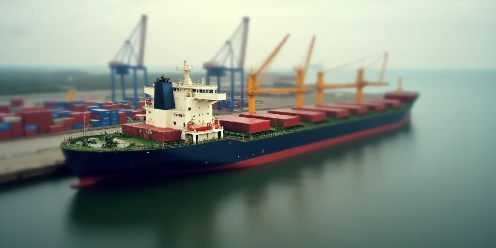 a large cargo ship docked at a port with a lot of containers in the foreground and a large ship in t