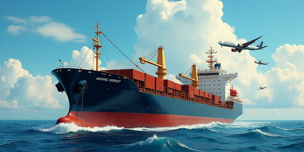 a large cargo ship in the ocean with a plane flying overhead in the background and a plane in the sk